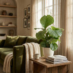 Calathea Orbifolia met witte pot, plant in pot