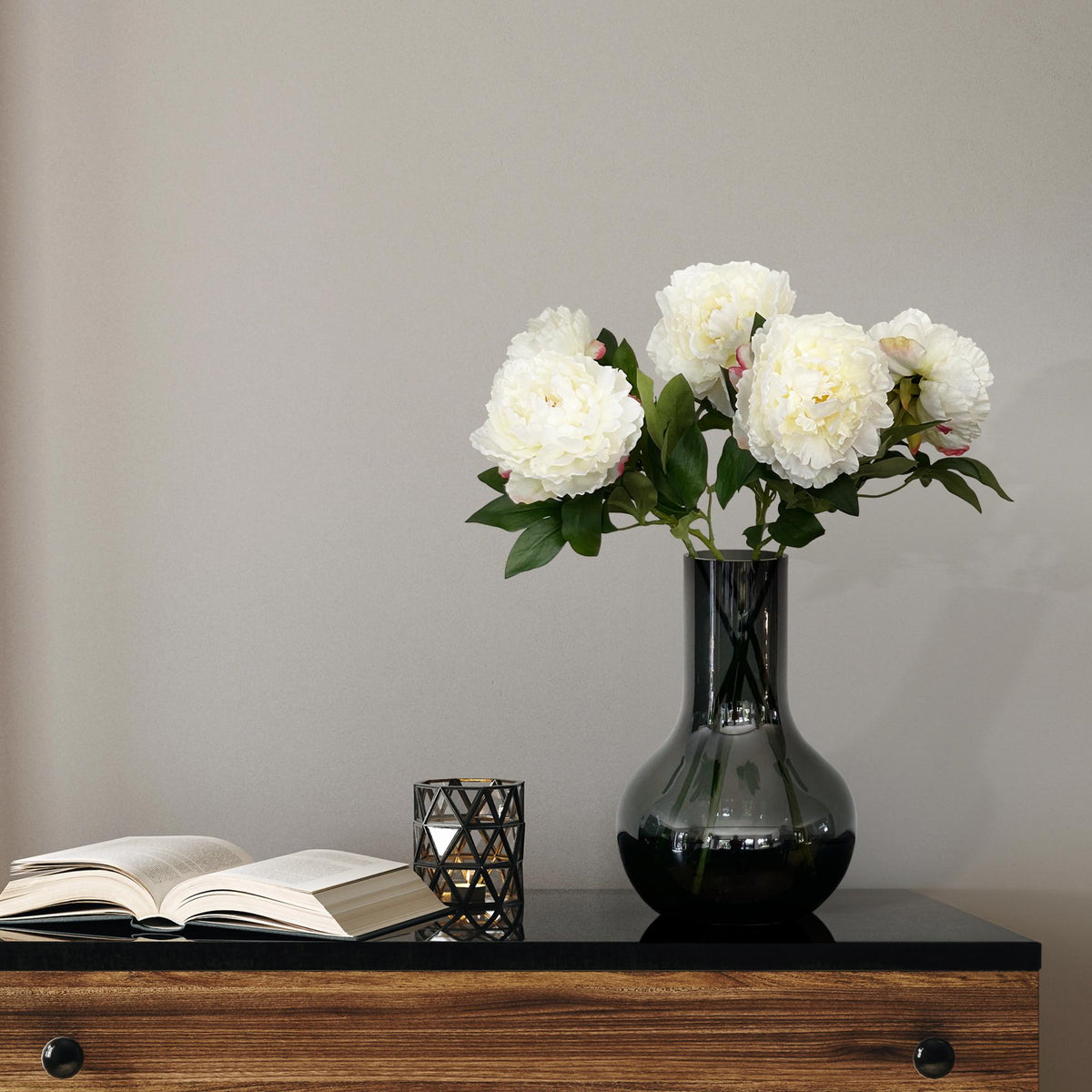 Kunstbloemen Solo - Crème - Peonies - x 5, kenmerkend blad