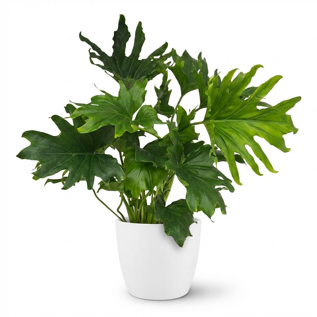 Philodendron Lickety split met witte pot, detail van het blad