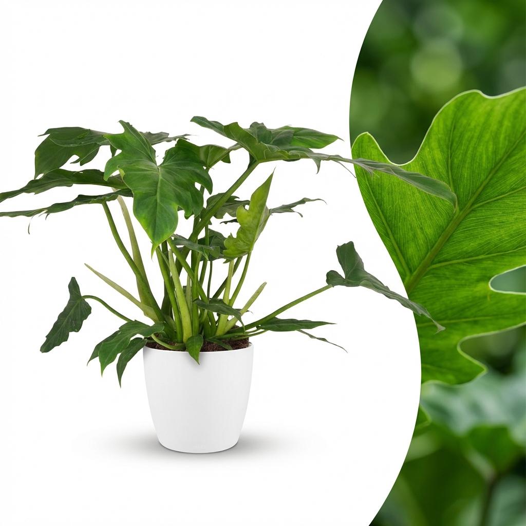 Philodendron Lacerum met witte pot, kenmerkend blad