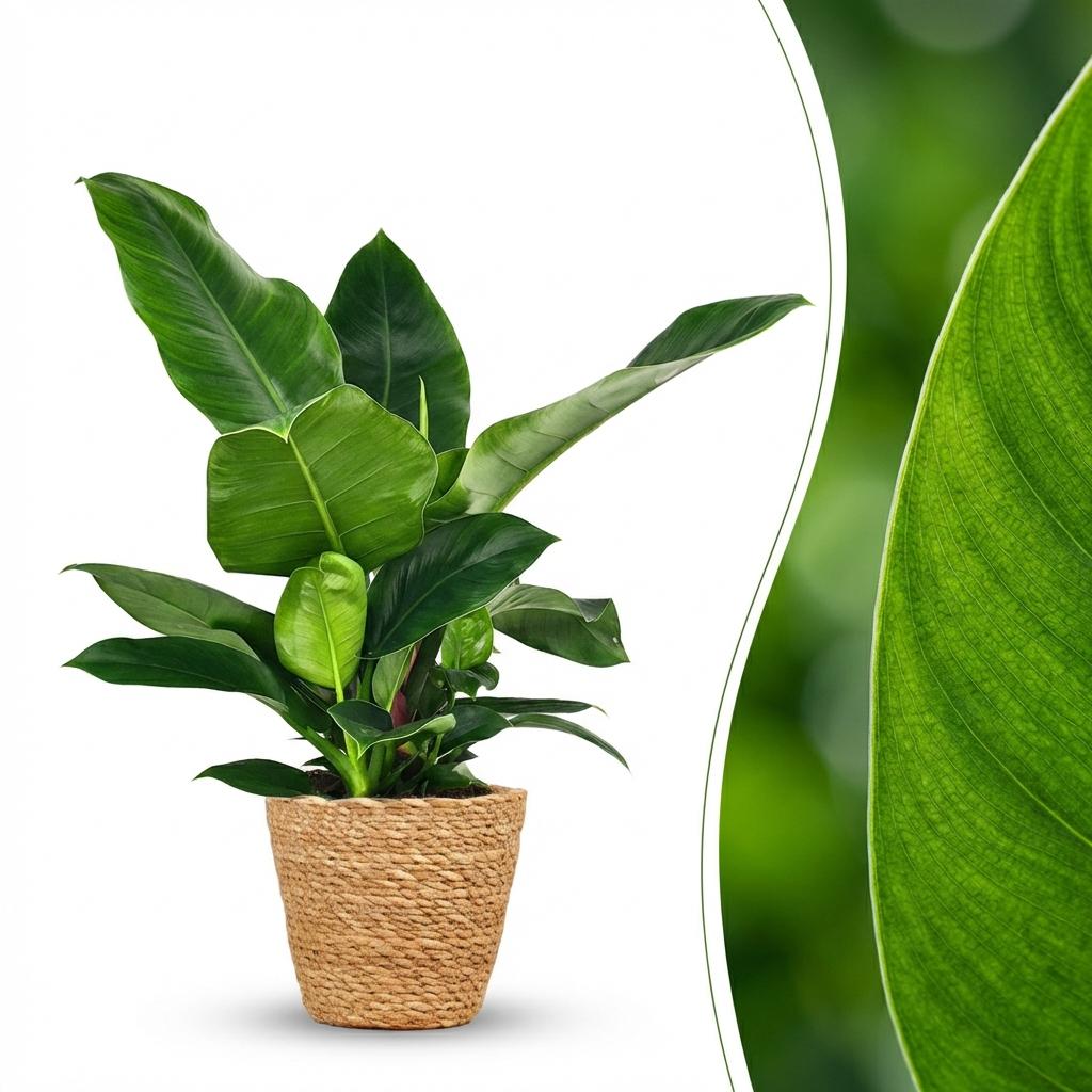 Philodendron Imperial Green met Mand, detail van het blad