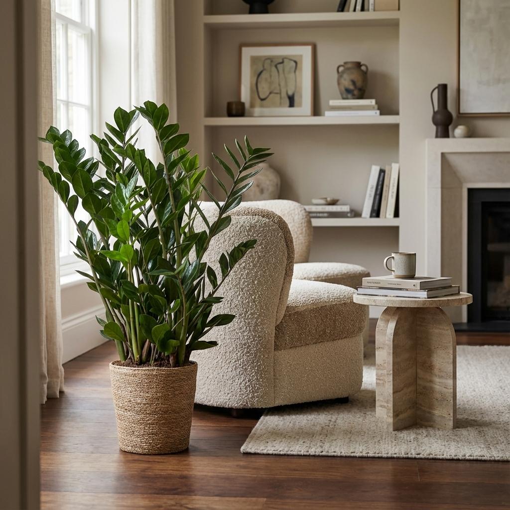 Zamioculcas Zamiifolia met Zeegras mand naturel, plant in pot