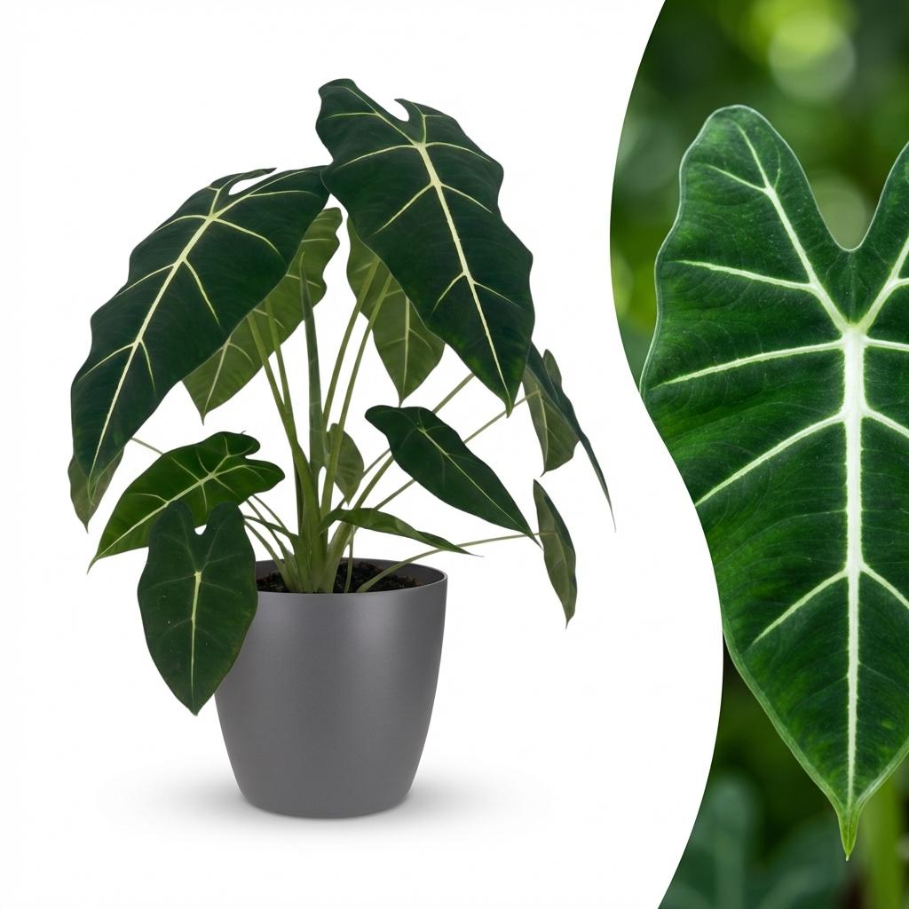 Olifantsoor (Alocasia Frydek) met grijze pot, detail van het blad