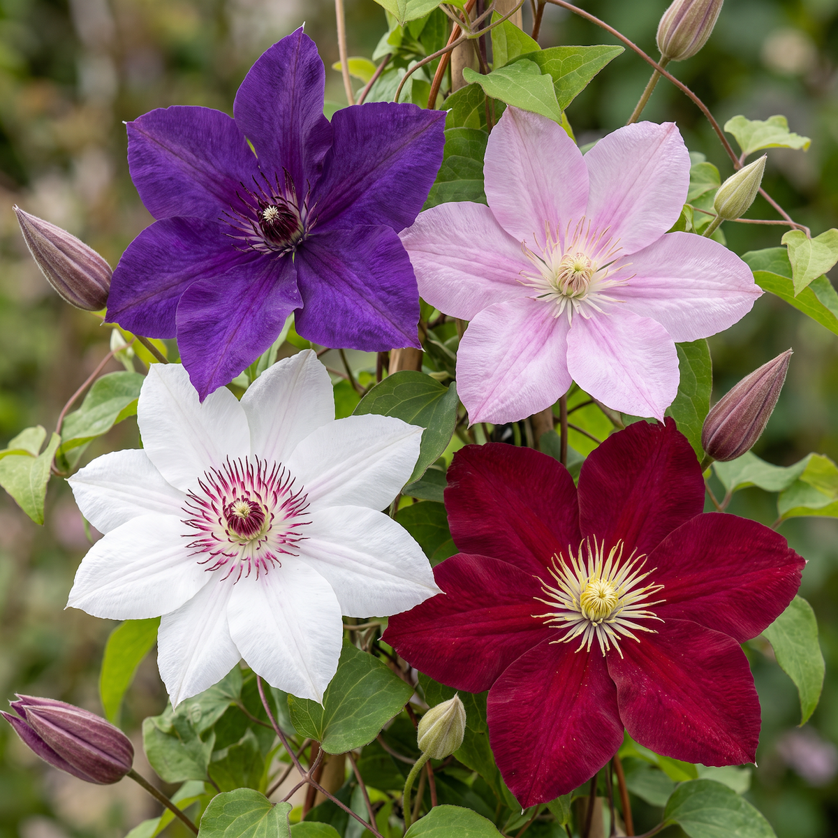Clematis rainbow mix, bosrank in vier kleuren, kenmerkend blad