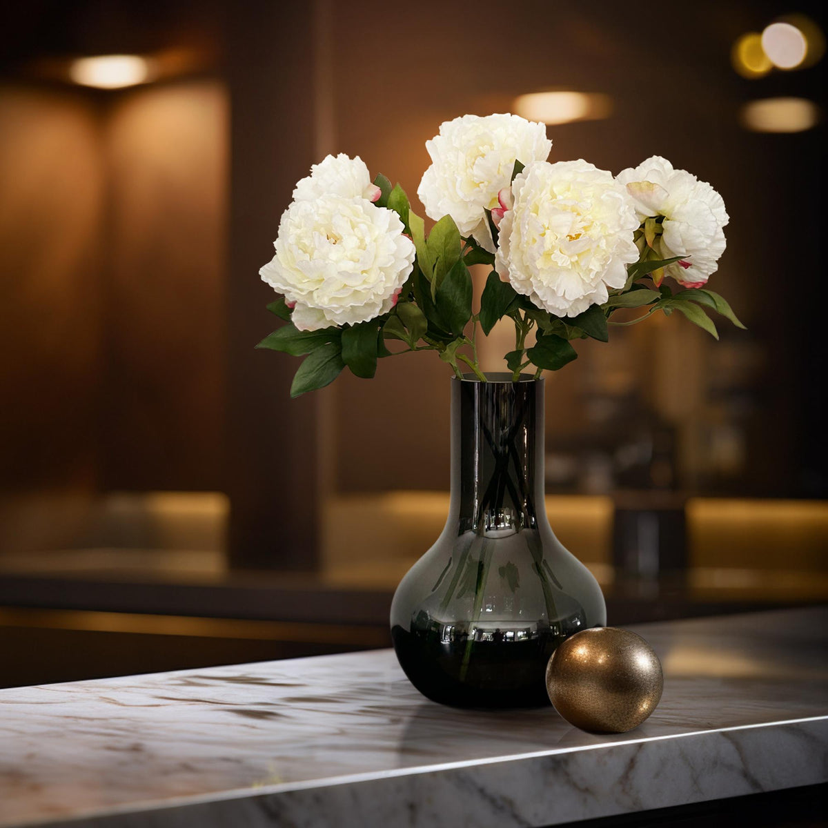 Kunstbloemen Solo - Crème - Peonies - x 5, groene bladeren