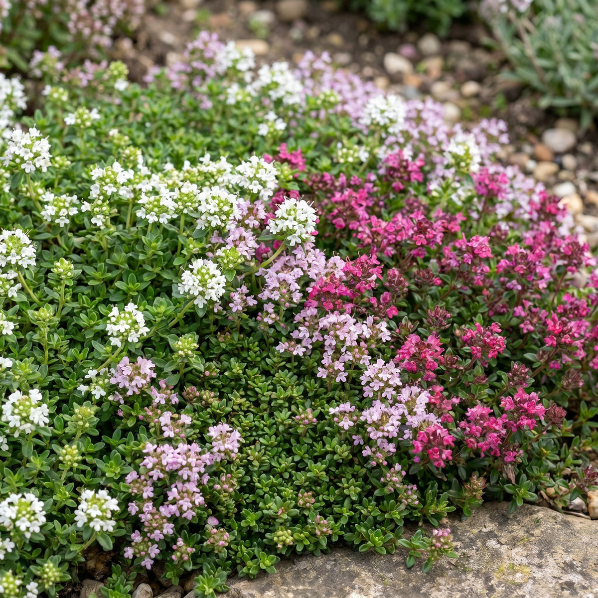 Tijm 'Tricolour', bodembedekker, roze-rood-wit, plant voor binnen