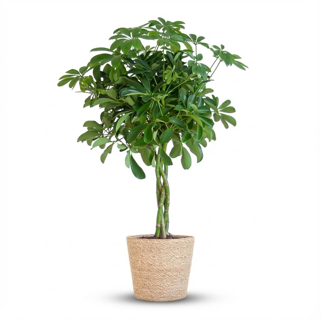 Schefflera Arab Nora met Mand Zeegras naturel, detail van het blad