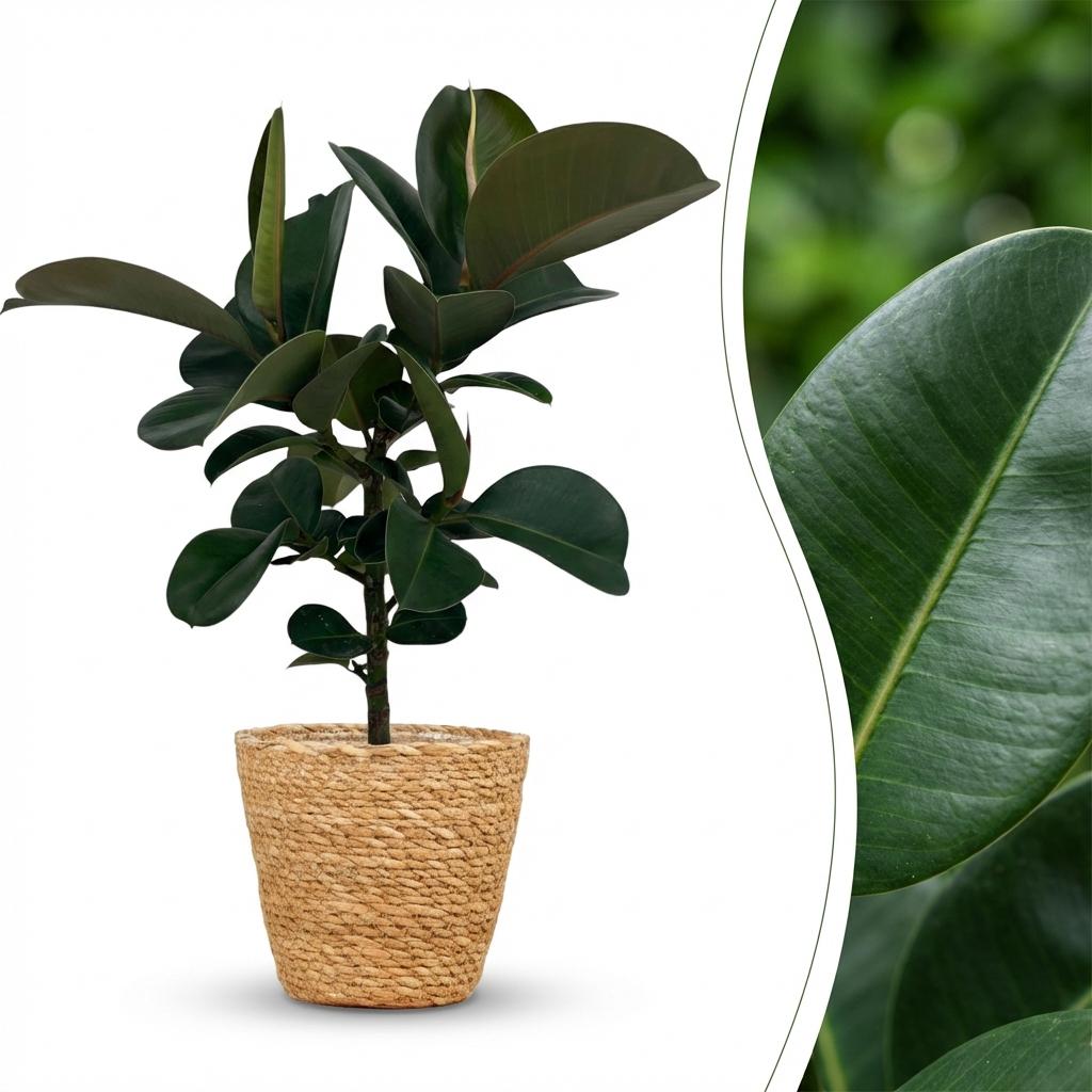 Rubberplant - Ficus Elastica Cloe met Mand, detail van het blad
