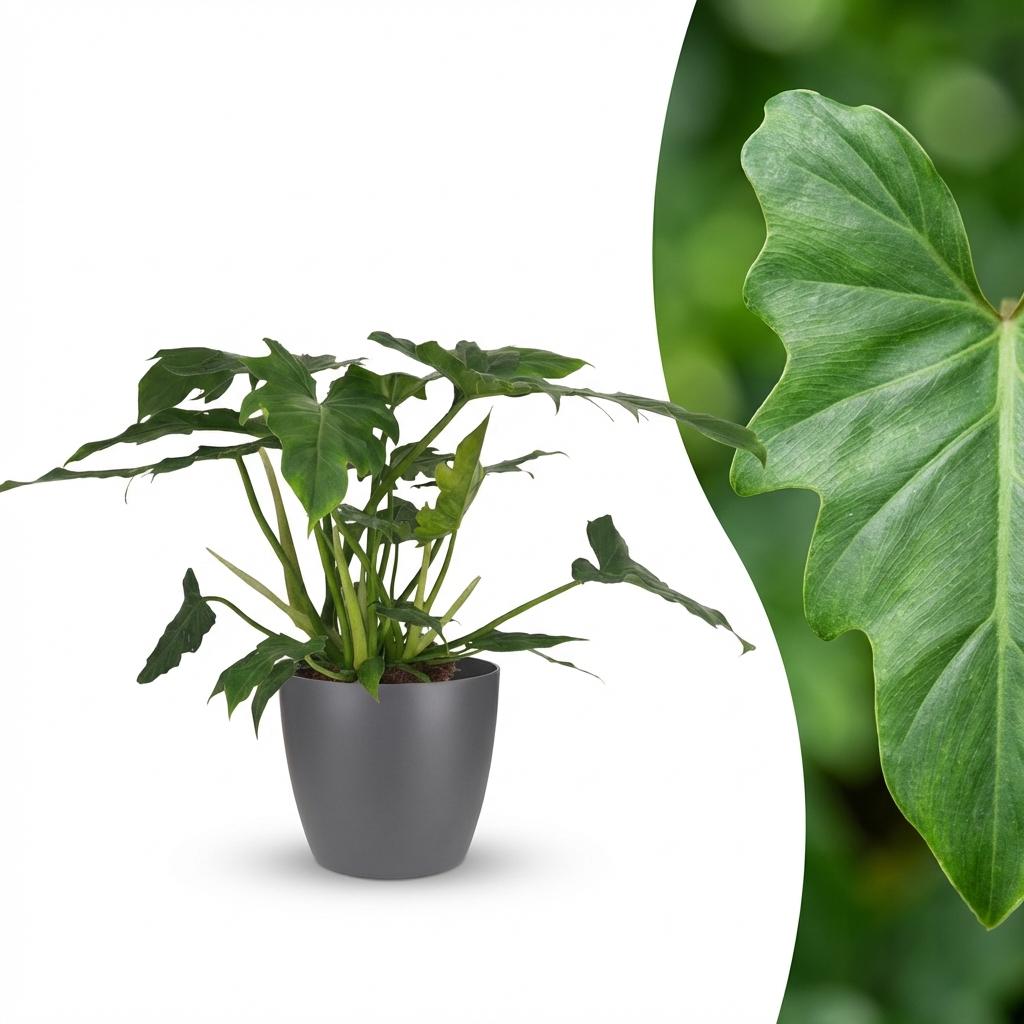 Philodendron Lacerum met grijze pot, detail van het blad