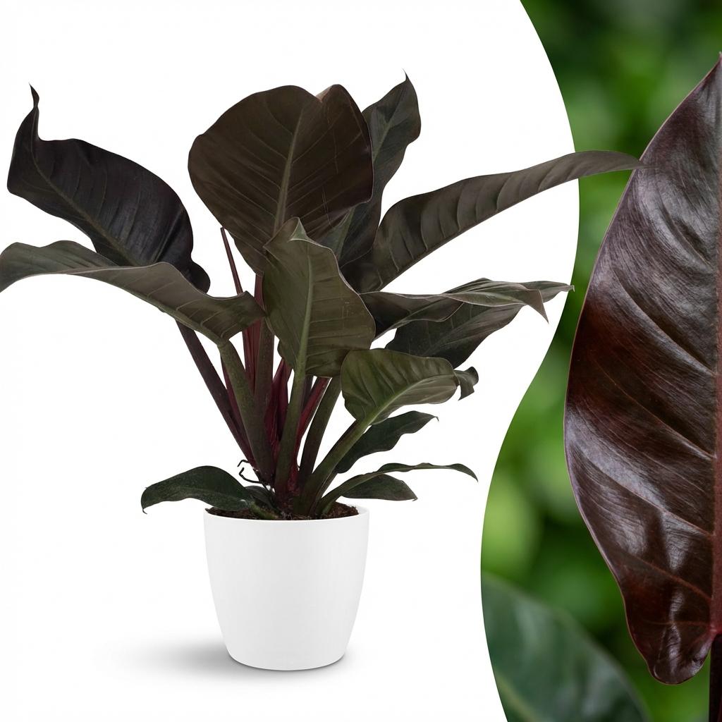 Philodendron Imperial Red - Rood met witte pot, detail van het blad