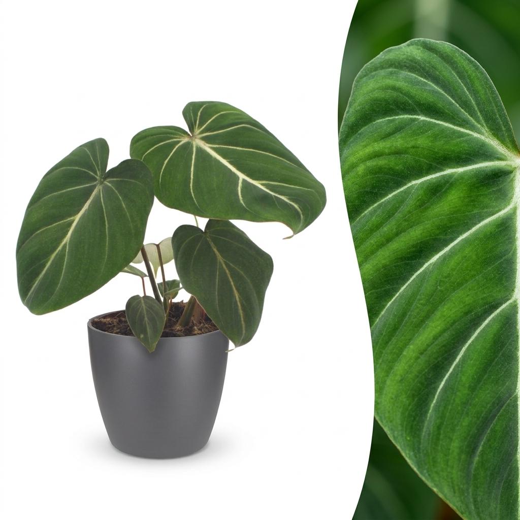 Philodendron gloriosum met grijze pot, detail van het blad
