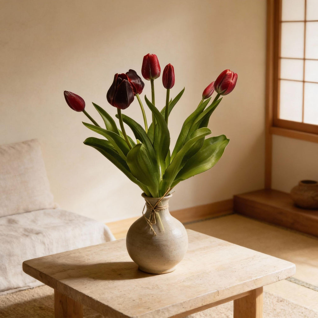 Kunsttulpen boeket Real Touch, diep rood, 42 cm, 7 stelen, groene bladeren
