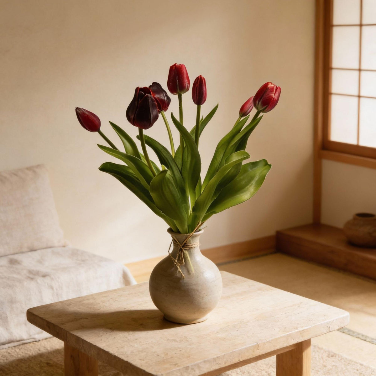 Kunsttulpen boeket Real Touch, diep rood, 42 cm, 7 stelen, groene bladeren