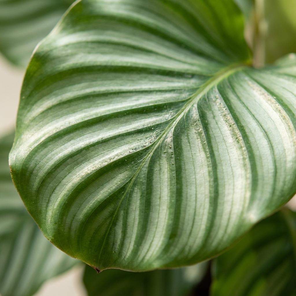 Calathea Orbifolia met grijze pot, kenmerkend blad