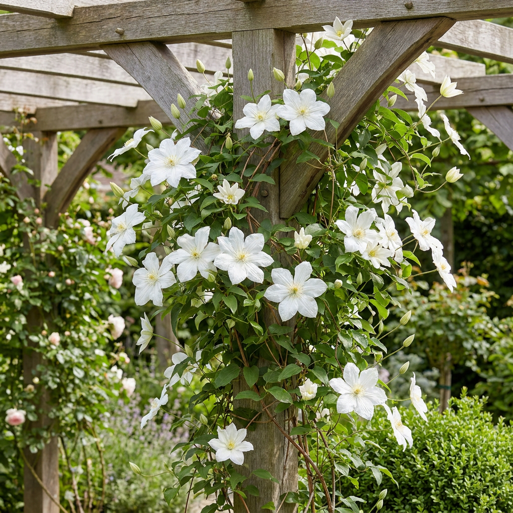 Clematis 'Huldine' - witte bosrank, groene bladeren