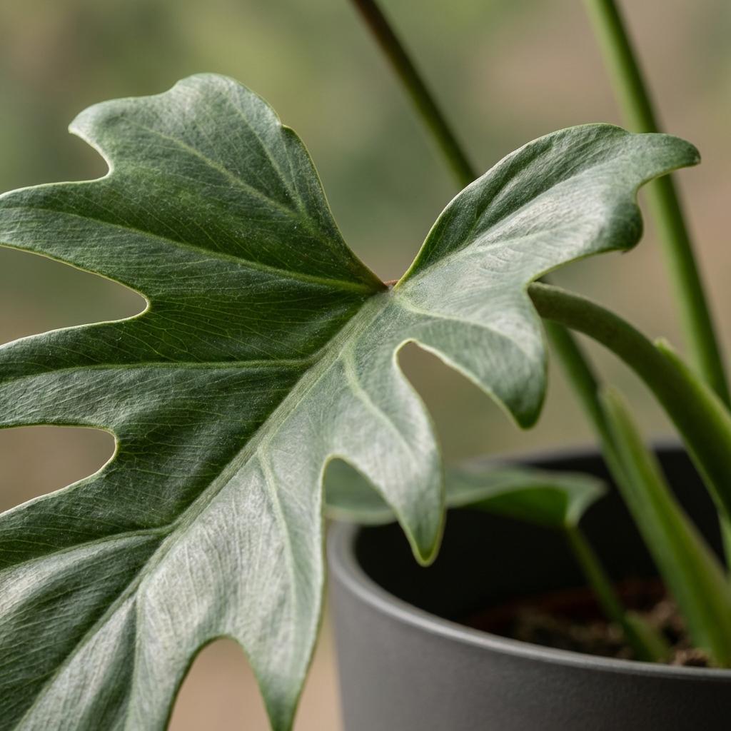 Philodendron Lacerum met grijze pot, groene bladeren