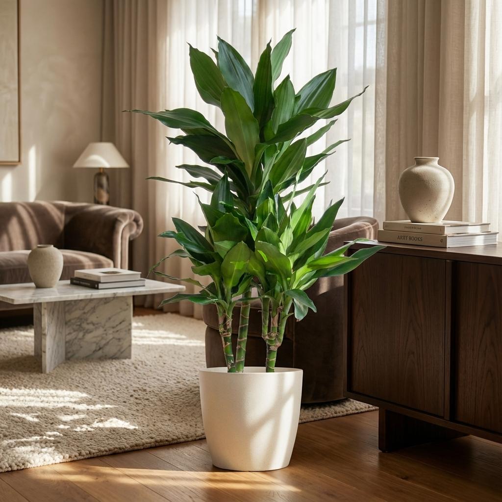 Dracaena Janet Lindt met witte pot, plant in pot
