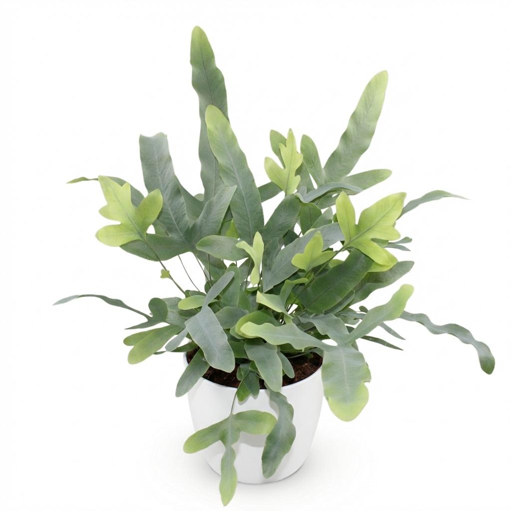 Phlebodium aureum Blue Star met witte pot, groene bladeren