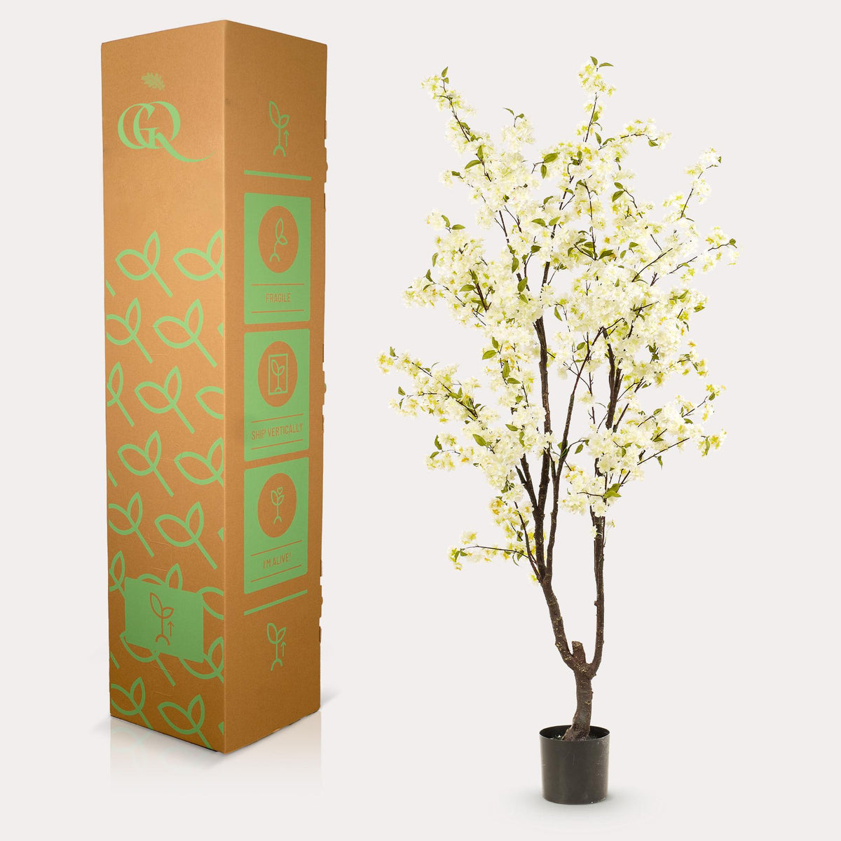 Kunstplant - Prunus - Kersenbloesem - Wit, groene bladeren
