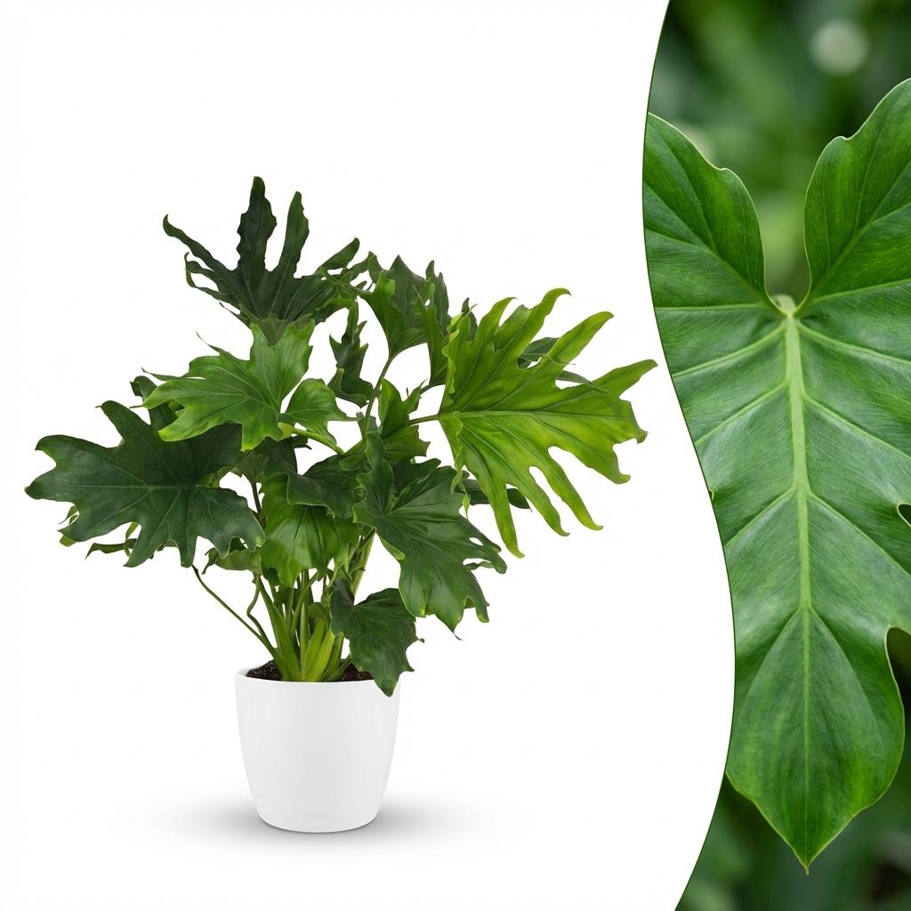 Philodendron Lickety split met witte pot, kenmerkend blad