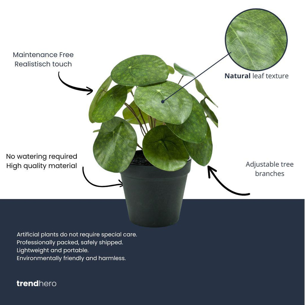 Pilea bush kunstplant in zwarte pot, groene bladeren