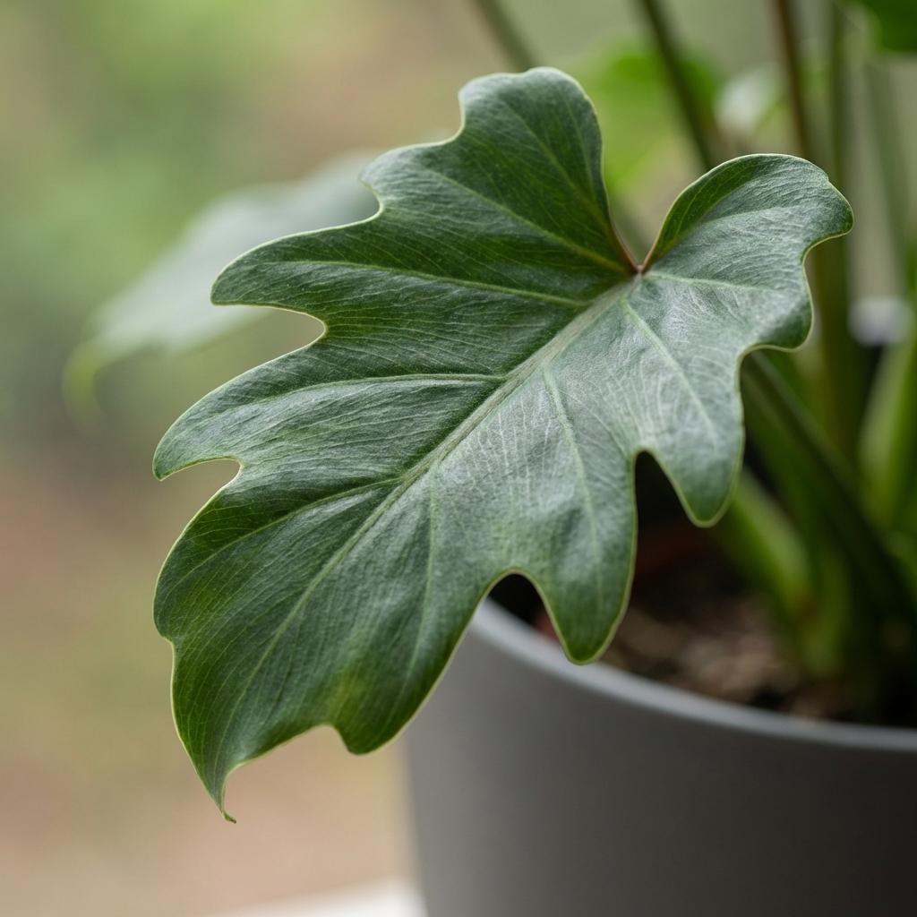 Philodendron Xanadu met grijze pot, groene bladeren