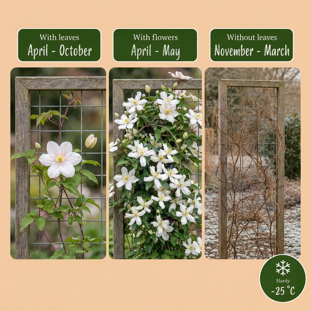 Clematis montana 'Wilsonii' - witte bergclematis, groene bladeren