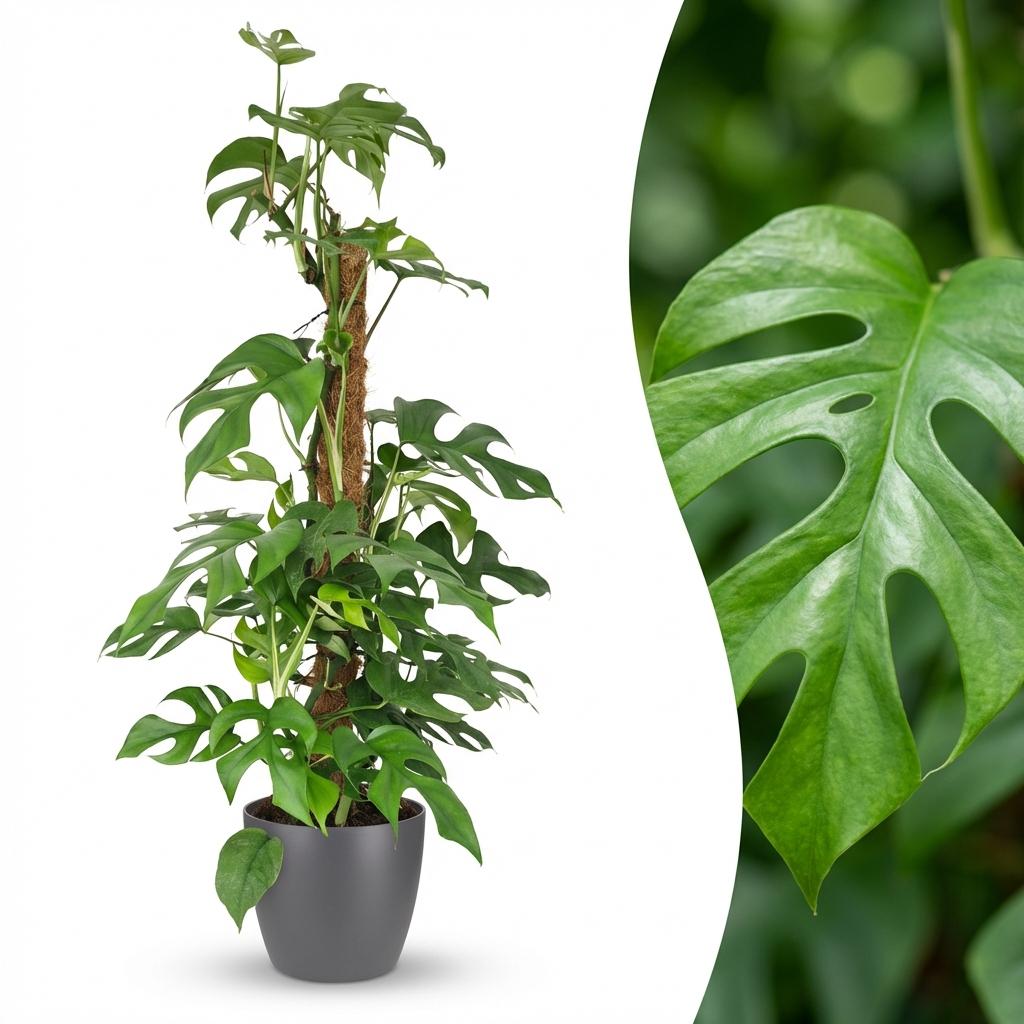 Mini Gatenplant - Monstera Minima Mosstok met grijze pot, detail van het blad