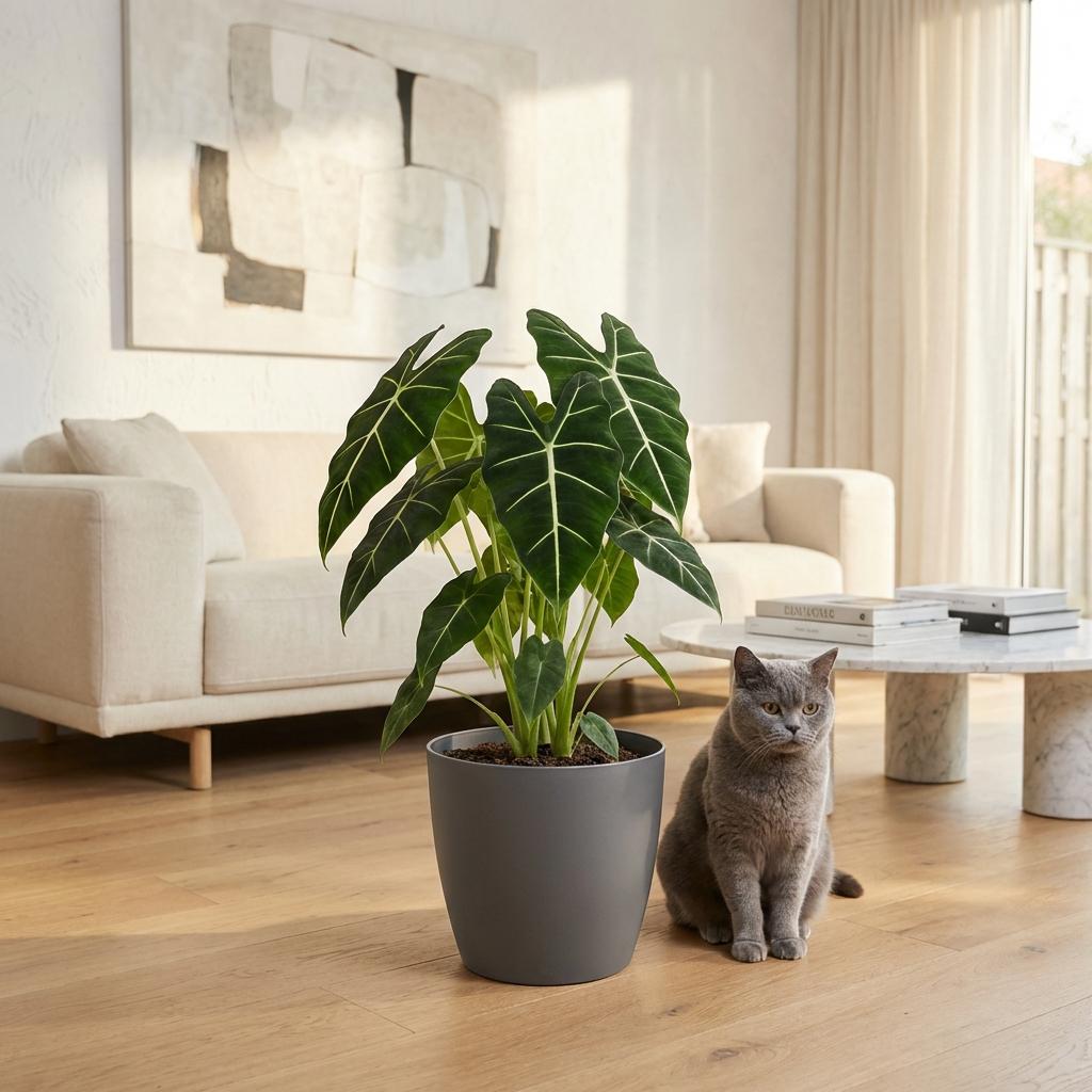 Olifantsoor (Alocasia Frydek) met grijze pot, kenmerkend blad