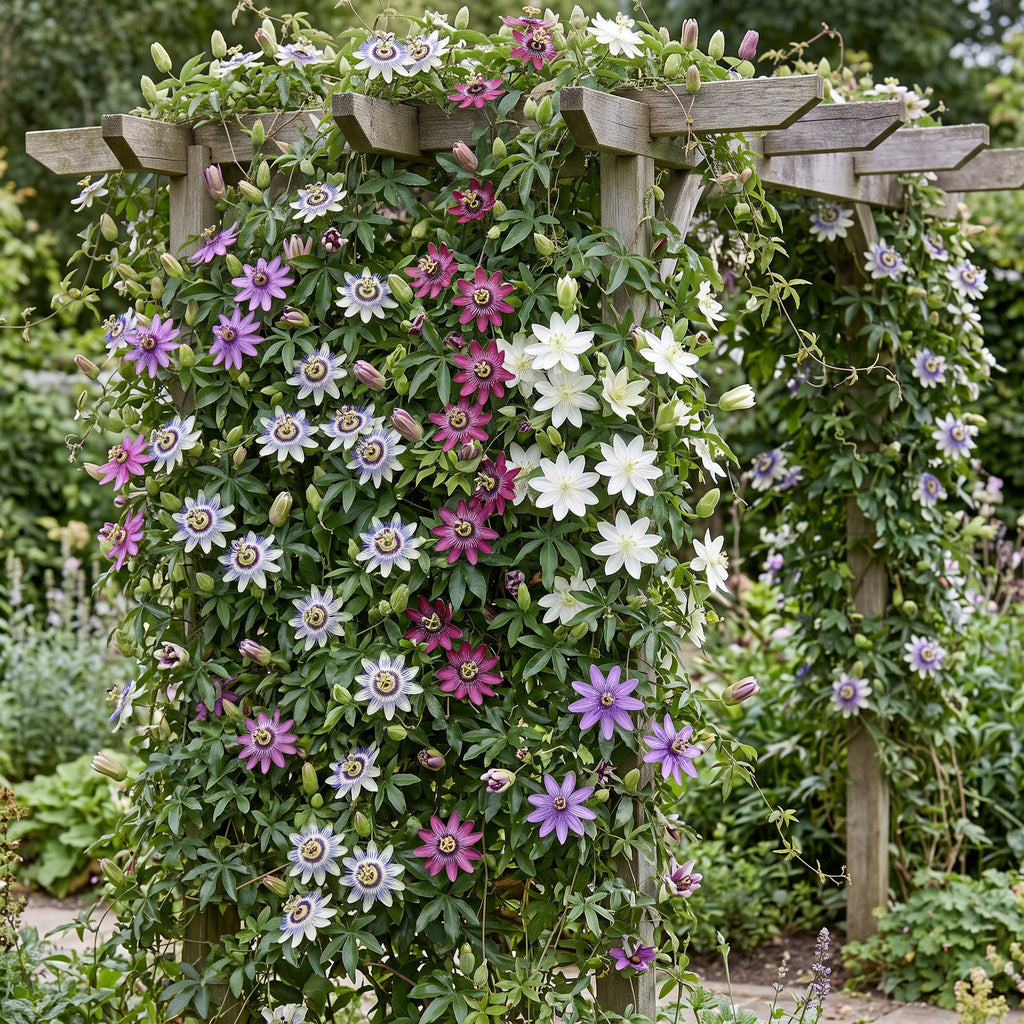 Passiflora rainbow mix, passiebloem in vier kleuren, groene bladeren