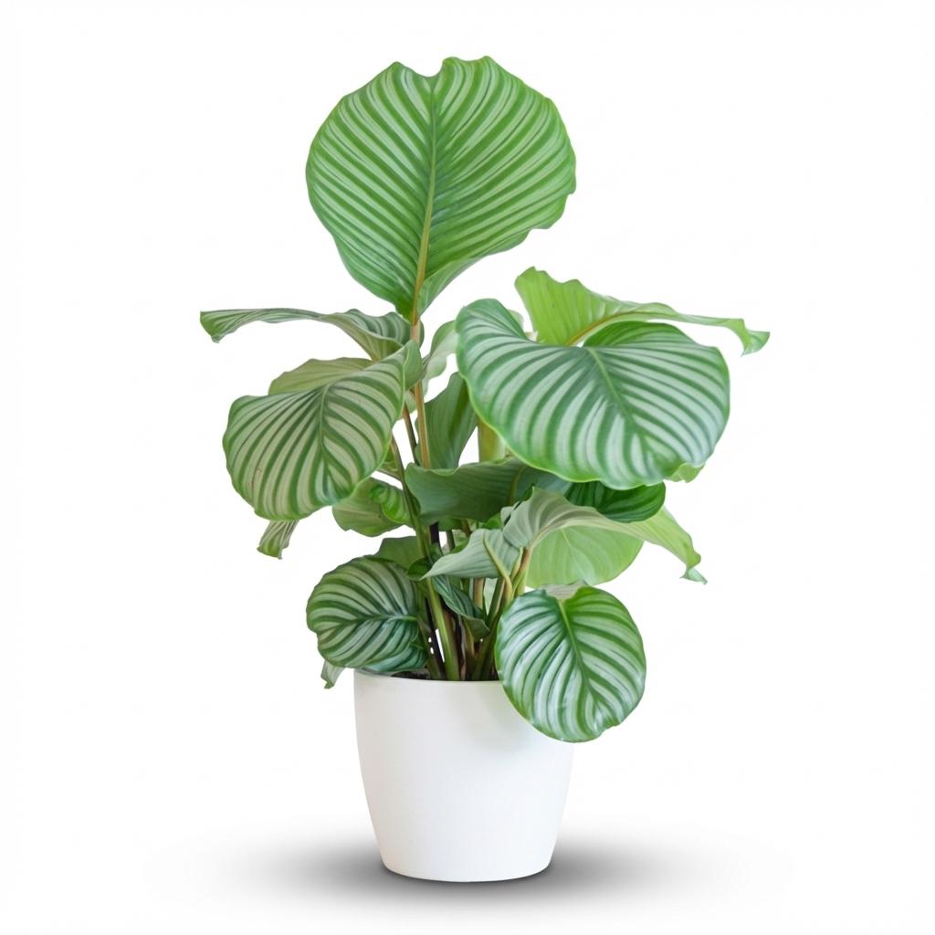 Calathea Orbifolia met witte pot, detail van het blad