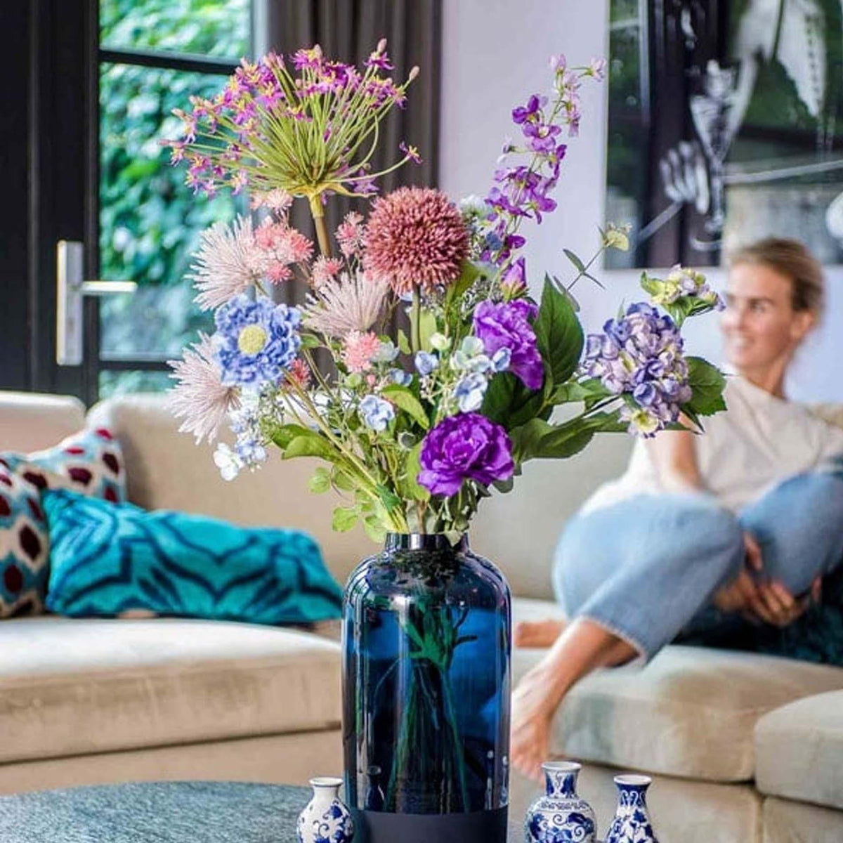 Kunstbloemen boeket Purple Bloom, levensecht, 10 stelen, detail van het blad
