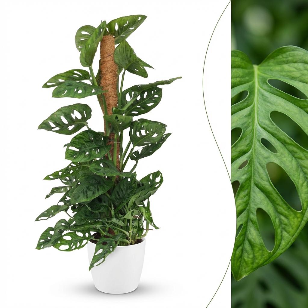 Monkey Mask (Monstera Adansonii Mosstok) met witte pot, kenmerkend blad