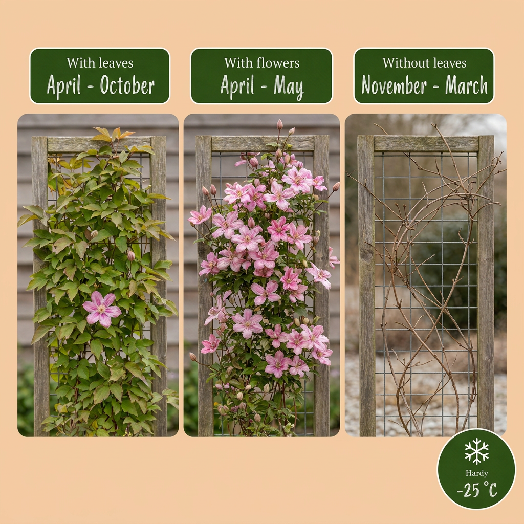 Clematis montana 'Marjorie' - roze bergclematis, groene bladeren