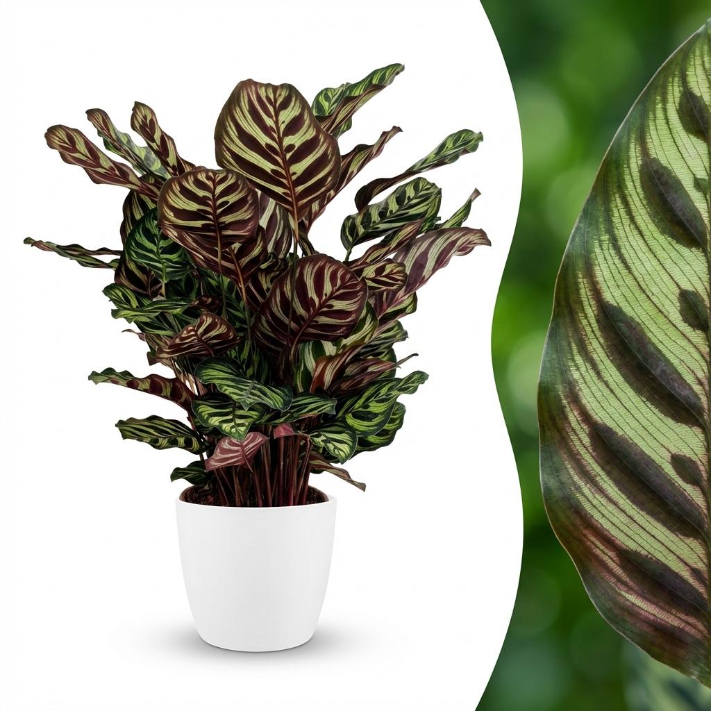 Pauwenplant (Calathea Makoyana) met witte pot, detail van het blad