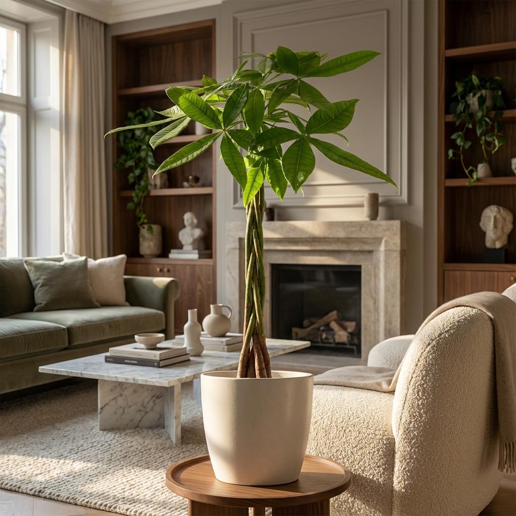 Pachira Aquatica met witte pot, plant in pot