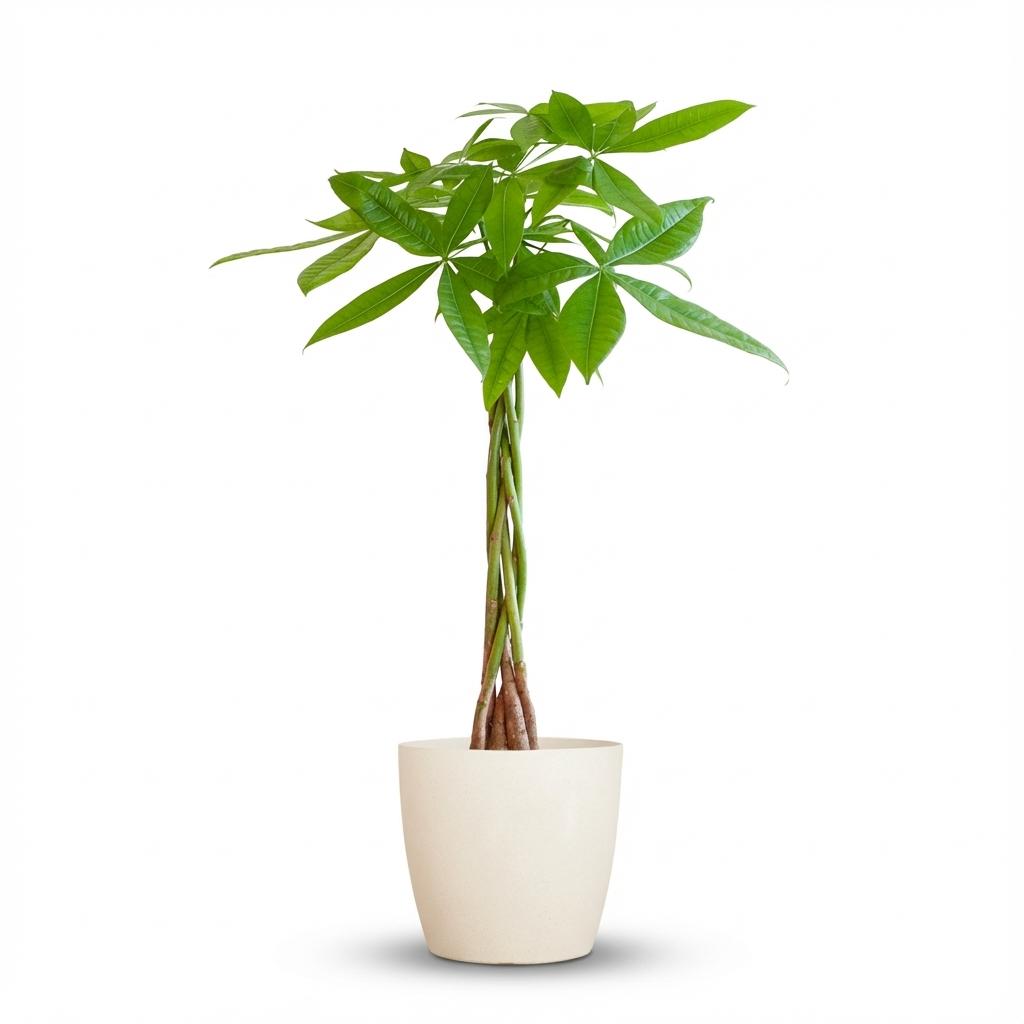 Pachira Aquatica met witte pot, detail van het blad