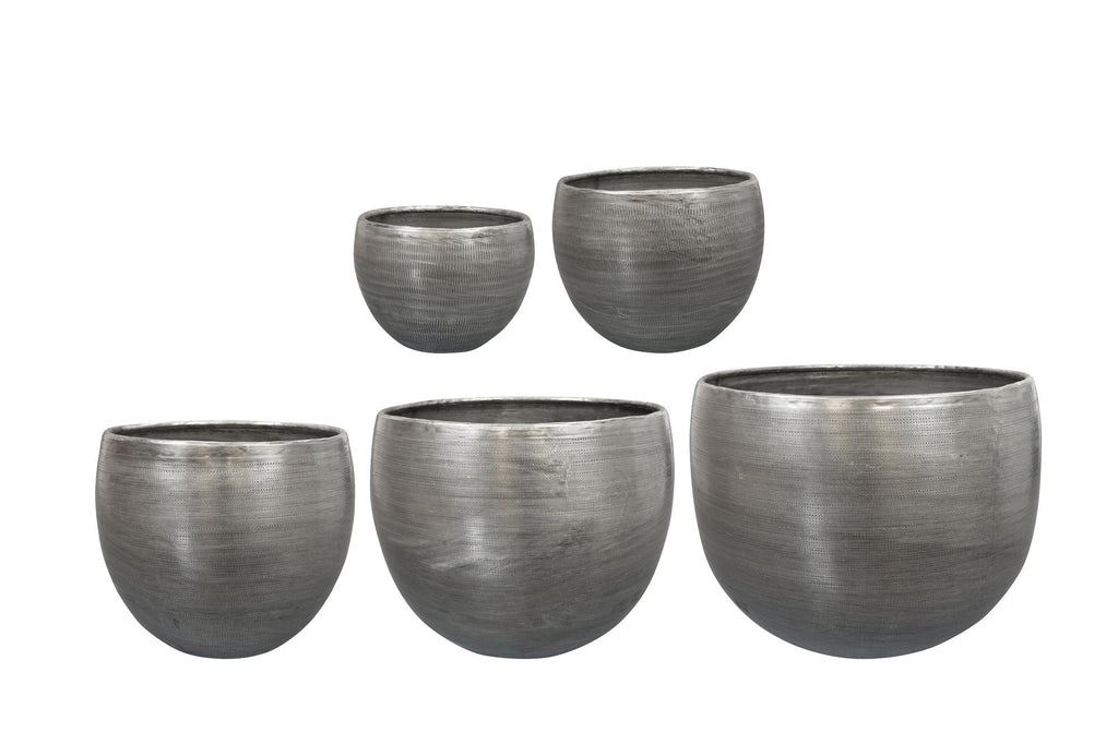 Bloempotten Rowen, set van 5 van aluminium in zilverkleur, detail van het blad