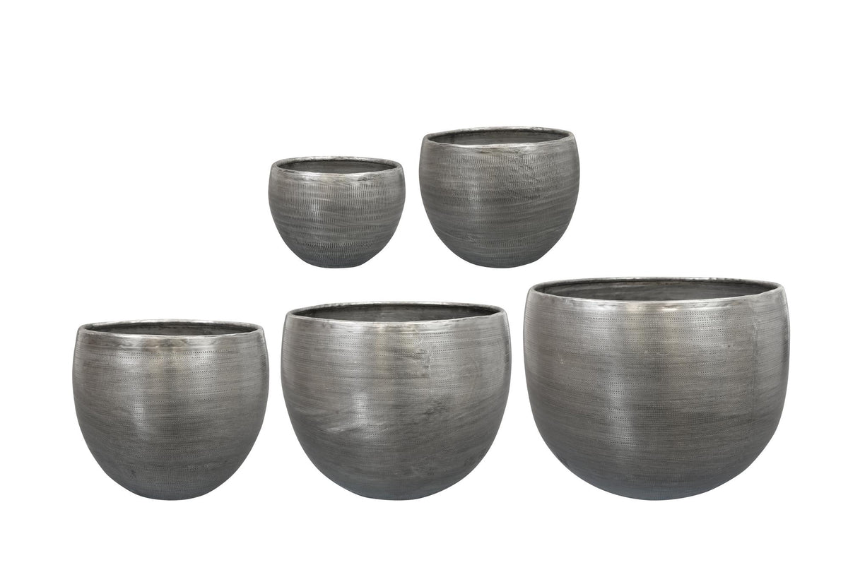Bloempotten Rowen, set van 5 van aluminium in zilverkleur, detail van het blad
