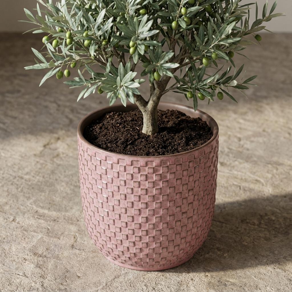Plantenpot met reliëf, keramiek in oudroze, Ø13,5 cm, detail van het blad