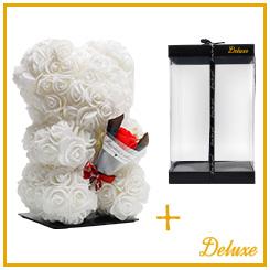 Deluxe beer op standaard | 25 cm | Wit foam met boeket | Luxe geschenkverpakking